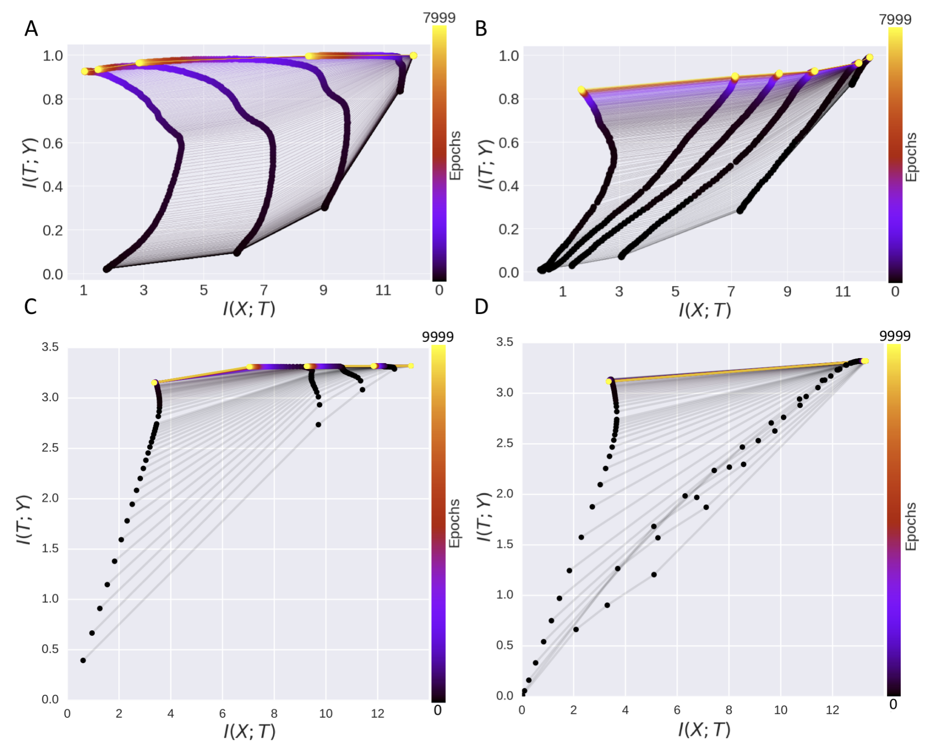 Figure 1 of Saxe et al. 2018. A four-panel comparison of information plane trajectories for tanh networks (top row) and ReLU networks (bottom row). The tanh panels show the two-phase fitting-then-compression trajectory. The ReLU panels show no compression phase at all.